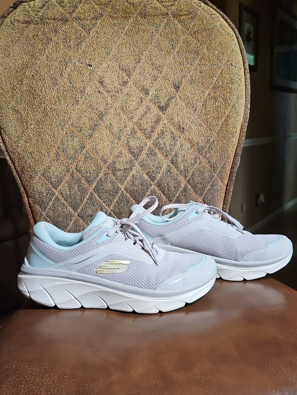 Skechers D'Lux Walker 2.0 Gray Blue White Lace Up Sneakers Walking Running Shoes
